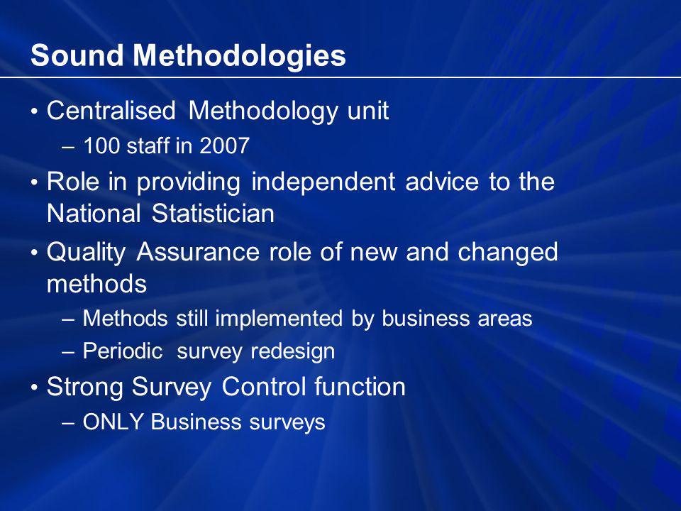 Sound Methodologies Centralised Methodology unit –100 staff in 2007 Role in providing independent advice to the National Statistician Quality Assurance role of new and changed methods –Methods still implemented by business areas –Periodic survey redesign Strong Survey Control function –ONLY Business surveys