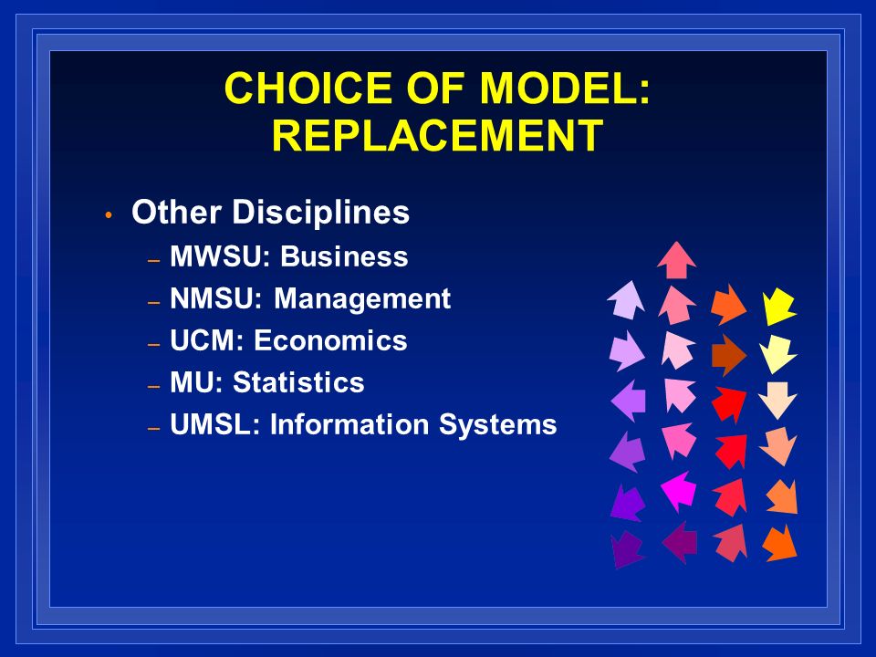 CHOICE OF MODEL: REPLACEMENT Other Disciplines – MWSU: Business – NMSU: Management – UCM: Economics – MU: Statistics – UMSL: Information Systems