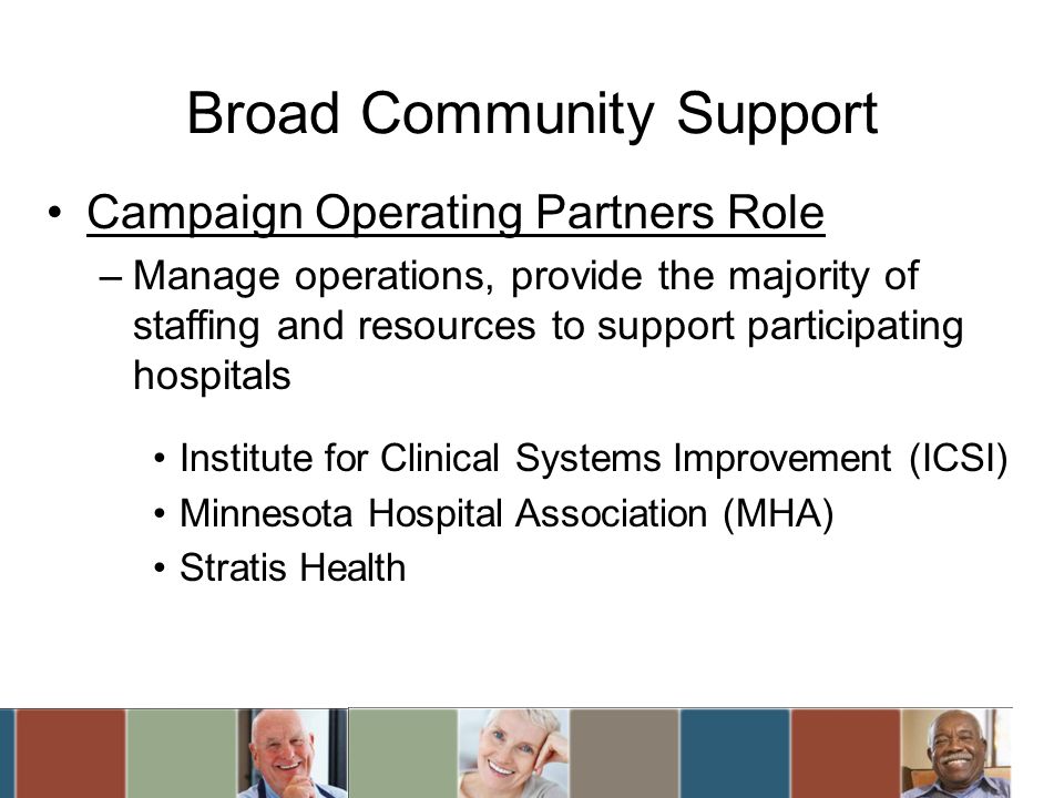 Broad Community Support Campaign Operating Partners Role –Manage operations, provide the majority of staffing and resources to support participating hospitals Institute for Clinical Systems Improvement (ICSI) Minnesota Hospital Association (MHA) Stratis Health
