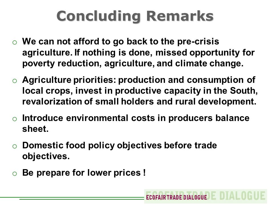 Concluding Remarks o We can not afford to go back to the pre-crisis agriculture.