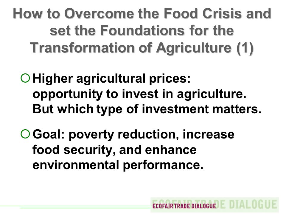 How to Overcome the Food Crisis and set the Foundations for the Transformation of Agriculture (1) Higher agricultural prices: opportunity to invest in agriculture.