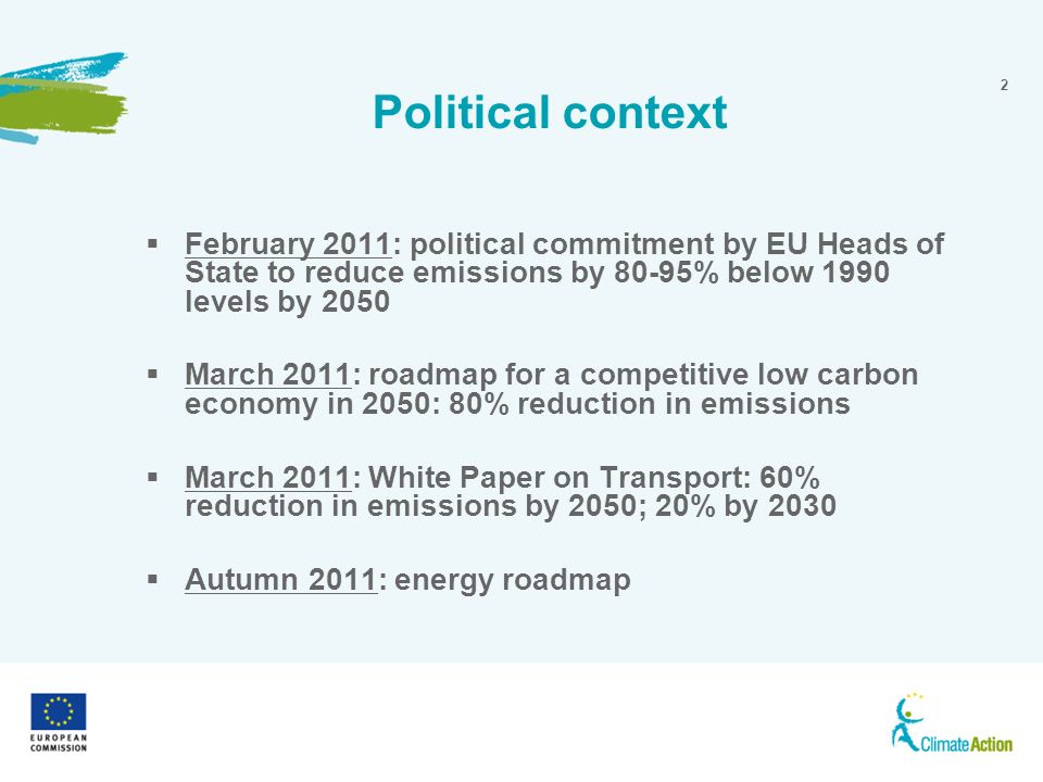 2 Political context Sustainable communities February 2011: political commitment by EU Heads of State to reduce emissions by 80-95% below 1990 levels by 2050 March 2011: roadmap for a competitive low carbon economy in 2050: 80% reduction in emissions March 2011: White Paper on Transport: 60% reduction in emissions by 2050; 20% by 2030 Autumn 2011: energy roadmap