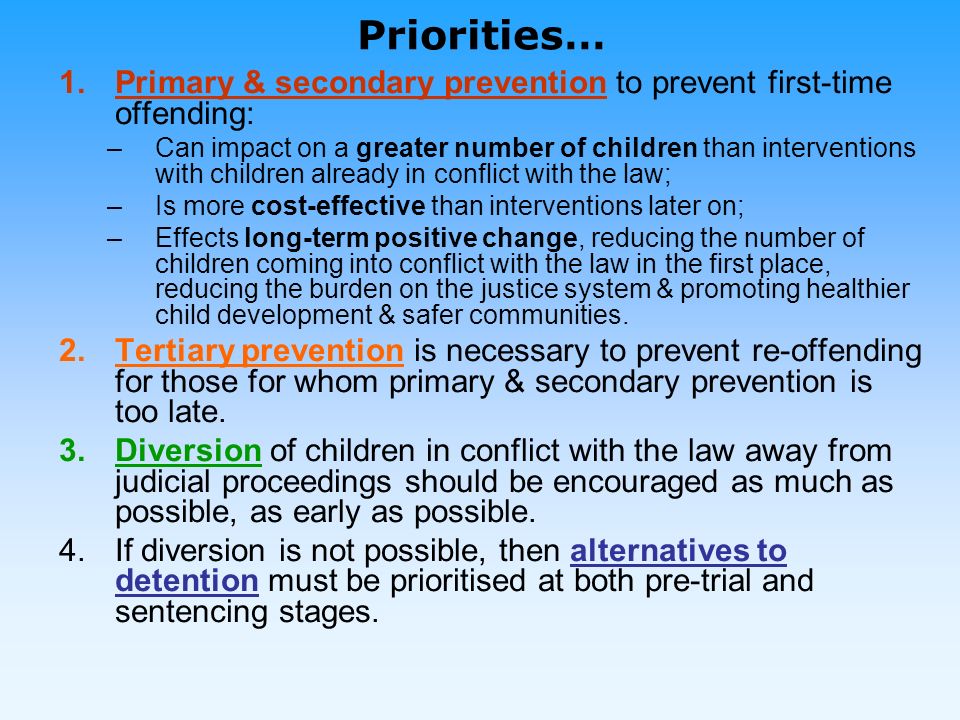 Priorities… 1.Primary & secondary prevention to prevent first-time offending: –Can impact on a greater number of children than interventions with children already in conflict with the law; –Is more cost-effective than interventions later on; –Effects long-term positive change, reducing the number of children coming into conflict with the law in the first place, reducing the burden on the justice system & promoting healthier child development & safer communities.