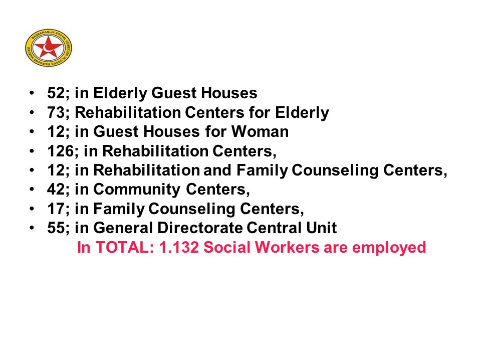 52; in Elderly Guest Houses 73; Rehabilitation Centers for Elderly 12; in Guest Houses for Woman 126; in Rehabilitation Centers, 12; in Rehabilitation and Family Counseling Centers, 42; in Community Centers, 17; in Family Counseling Centers, 55; in General Directorate Central Unit In TOTAL: Social Workers are employed