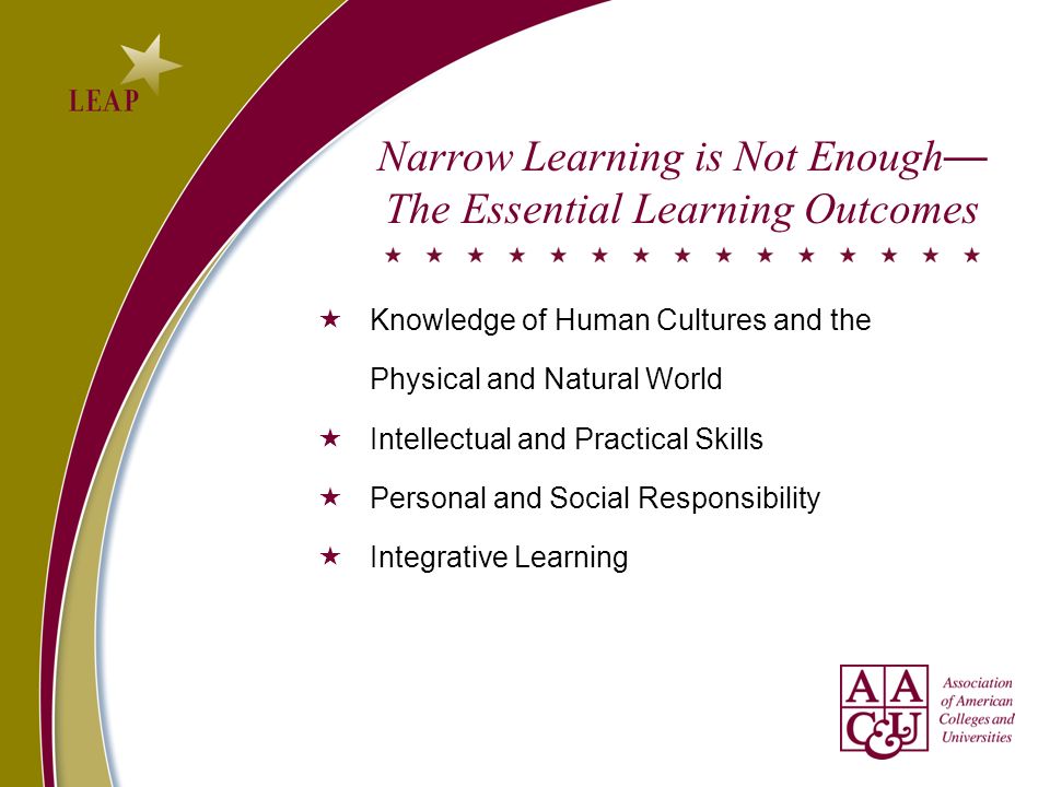 Narrow Learning is Not Enough The Essential Learning Outcomes Knowledge of Human Cultures and the Physical and Natural World Intellectual and Practical Skills Personal and Social Responsibility Integrative Learning