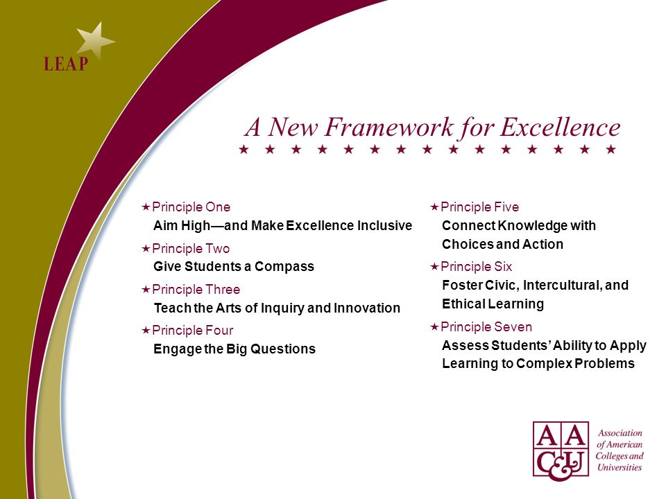 A New Framework for Excellence Principle One Aim Highand Make Excellence Inclusive Principle Two Give Students a Compass Principle Three Teach the Arts of Inquiry and Innovation Principle Four Engage the Big Questions Principle Five Connect Knowledge with Choices and Action Principle Six Foster Civic, Intercultural, and Ethical Learning Principle Seven Assess Students Ability to Apply Learning to Complex Problems