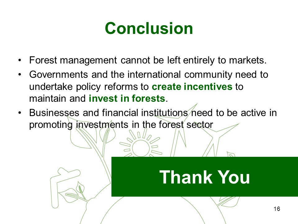 16 Conclusion Forest management cannot be left entirely to markets.