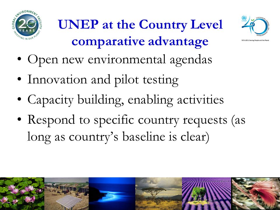 UNEP at the Country Level comparative advantage Open new environmental agendas Innovation and pilot testing Capacity building, enabling activities Respond to specific country requests (as long as countrys baseline is clear)
