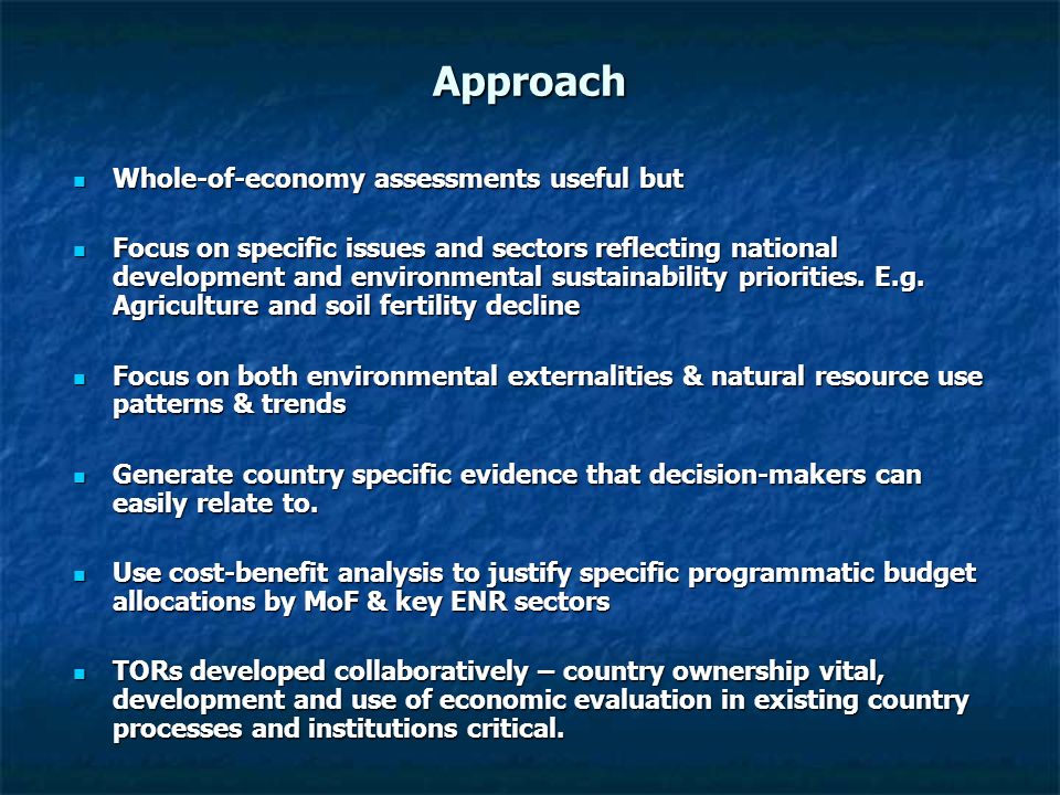 Approach Whole-of-economy assessments useful but Whole-of-economy assessments useful but Focus on specific issues and sectors reflecting national development and environmental sustainability priorities.