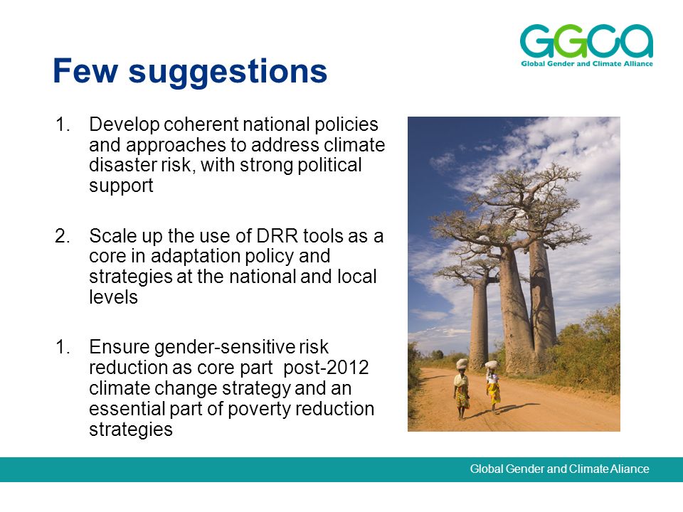 1.Develop coherent national policies and approaches to address climate disaster risk, with strong political support 2.Scale up the use of DRR tools as a core in adaptation policy and strategies at the national and local levels 1.Ensure gender-sensitive risk reduction as core part post-2012 climate change strategy and an essential part of poverty reduction strategies Few suggestions
