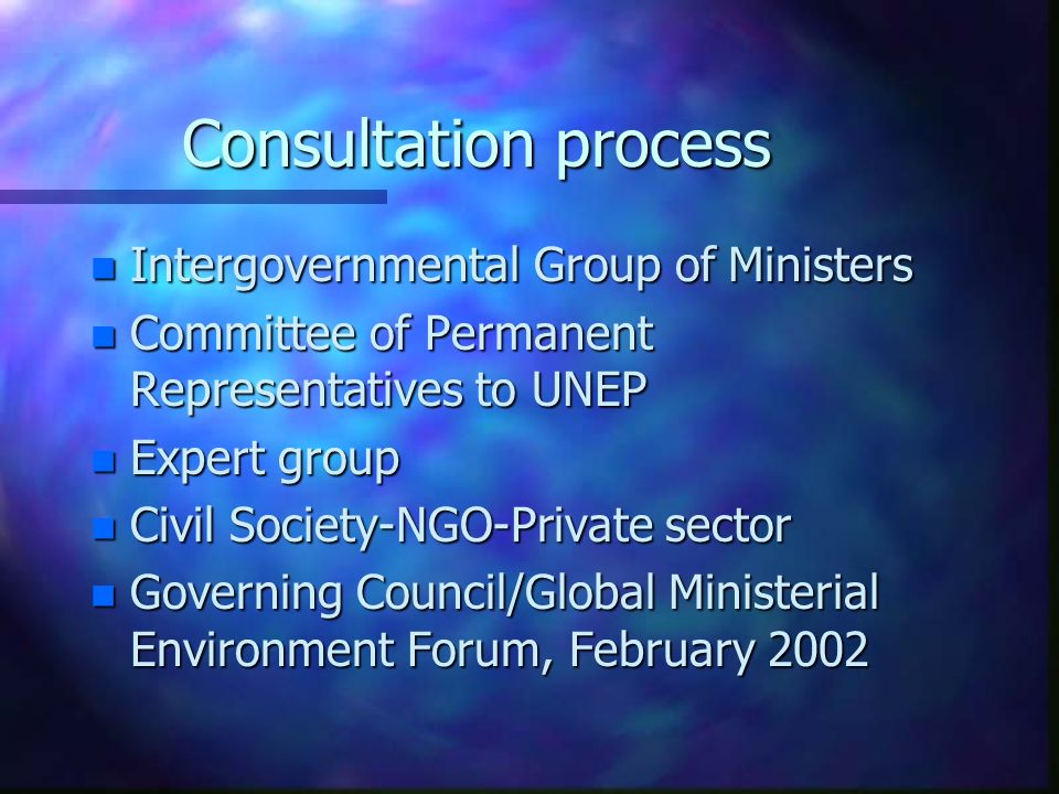 Consultation process n Intergovernmental Group of Ministers n Committee of Permanent Representatives to UNEP n Expert group n Civil Society-NGO-Private sector n Governing Council/Global Ministerial Environment Forum, February 2002