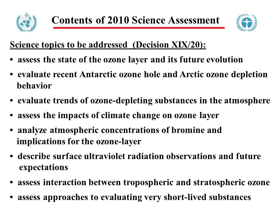 Contents of 2010 Science Assessment Science topics to be addressed (Decision XIX/20): assess the state of the ozone layer and its future evolution evaluate recent Antarctic ozone hole and Arctic ozone depletion behavior evaluate trends of ozone-depleting substances in the atmosphere assess the impacts of climate change on ozone layer analyze atmospheric concentrations of bromine and implications for the ozone-layer describe surface ultraviolet radiation observations and future expectations assess interaction between tropospheric and stratospheric ozone assess approaches to evaluating very short-lived substances