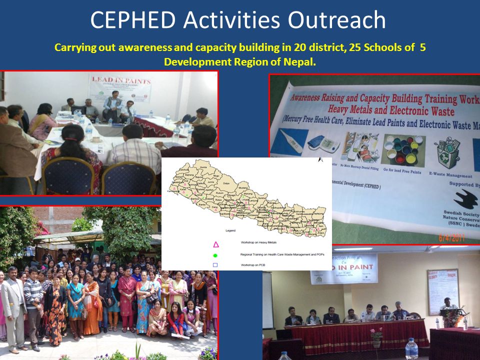 CEPHED Activities Outreach Carrying out awareness and capacity building in 20 district, 25 Schools of 5 Development Region of Nepal.