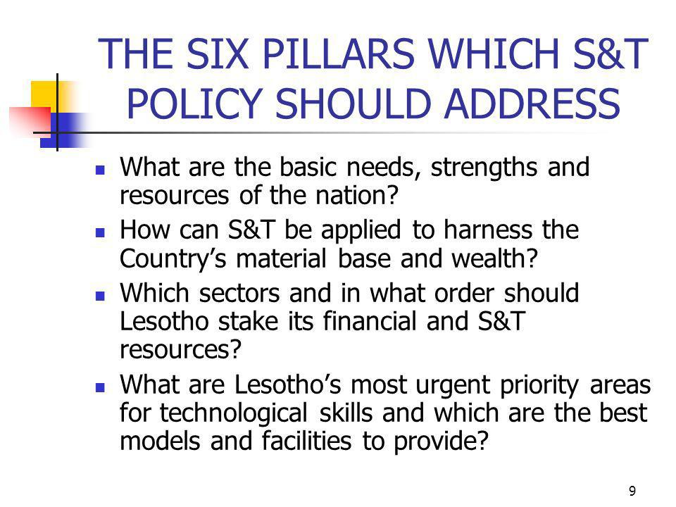 9 THE SIX PILLARS WHICH S&T POLICY SHOULD ADDRESS What are the basic needs, strengths and resources of the nation.