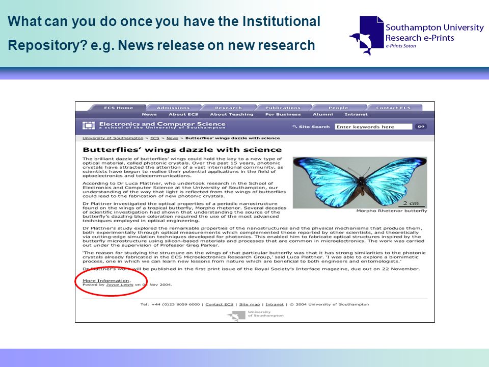 What can you do once you have the Institutional Repository e.g. News release on new research