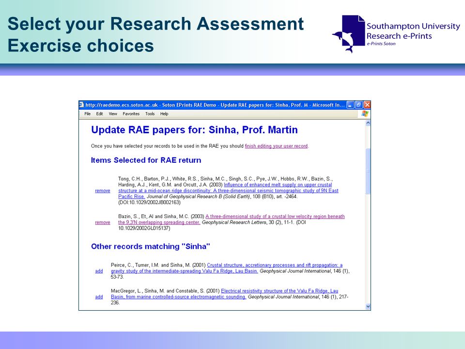 Select your Research Assessment Exercise choices