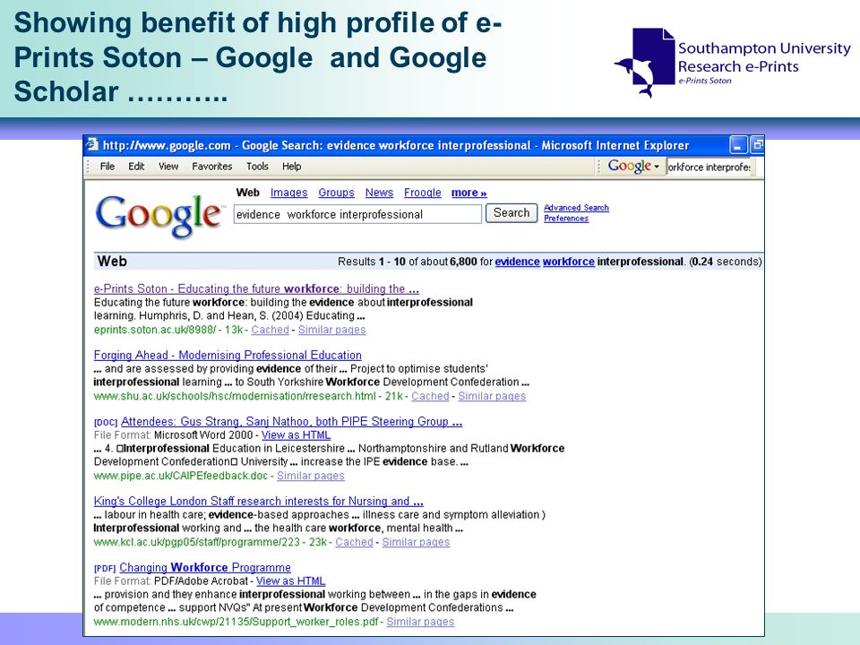 Showing benefit of high profile of e- Prints Soton – Google and Google Scholar ………..