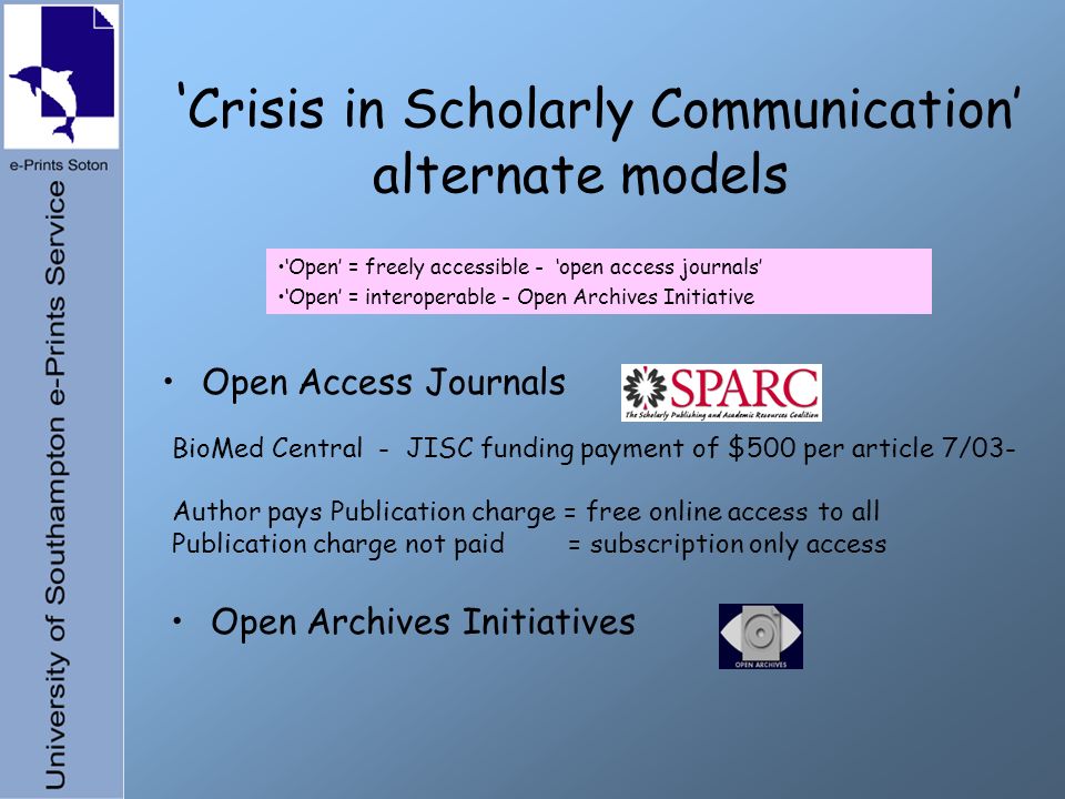 Crisis in Scholarly Communication alternate models Open Access Journals Open Archives Initiatives Open = freely accessible - open access journals Open = interoperable - Open Archives Initiative BioMed Central - JISC funding payment of $500 per article 7/03- Author pays Publication charge = free online access to all Publication charge not paid = subscription only access
