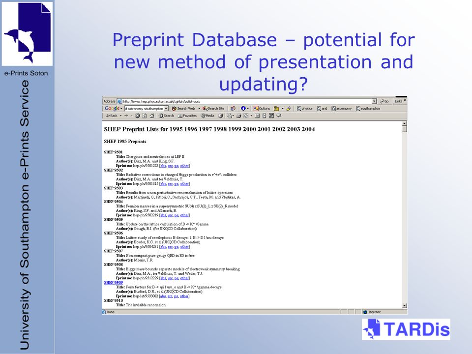 Preprint Database – potential for new method of presentation and updating