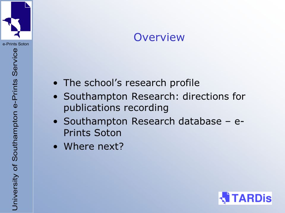 Overview The schools research profile Southampton Research: directions for publications recording Southampton Research database – e- Prints Soton Where next
