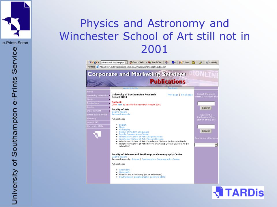 Physics and Astronomy and Winchester School of Art still not in 2001