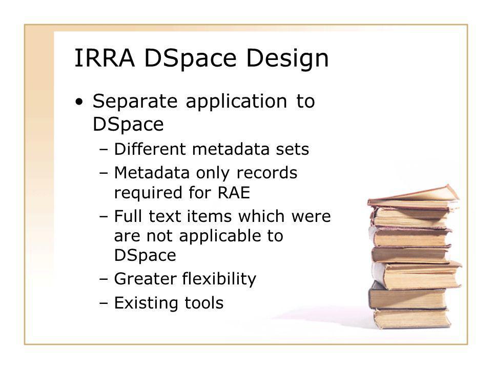 IRRA DSpace Design Separate application to DSpace –Different metadata sets –Metadata only records required for RAE –Full text items which were are not applicable to DSpace –Greater flexibility –Existing tools