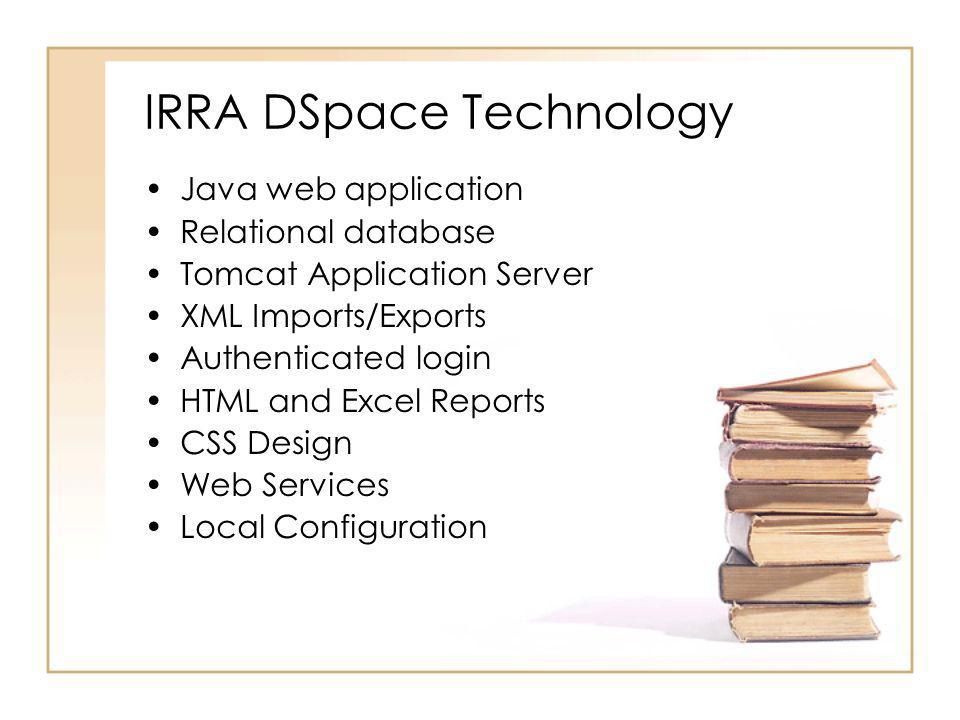 IRRA DSpace Technology Java web application Relational database Tomcat Application Server XML Imports/Exports Authenticated login HTML and Excel Reports CSS Design Web Services Local Configuration
