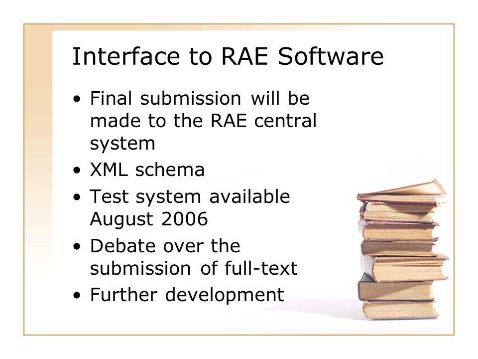 Interface to RAE Software Final submission will be made to the RAE central system XML schema Test system available August 2006 Debate over the submission of full-text Further development