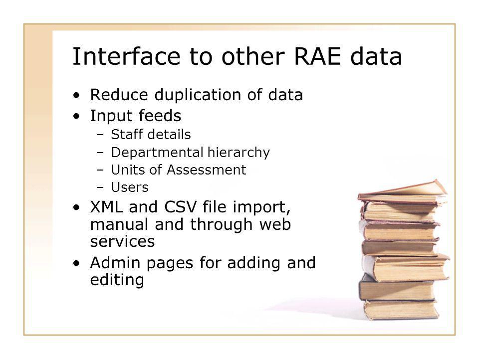 Interface to other RAE data Reduce duplication of data Input feeds –Staff details –Departmental hierarchy –Units of Assessment –Users XML and CSV file import, manual and through web services Admin pages for adding and editing