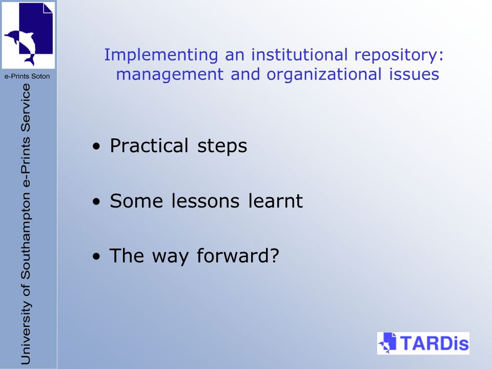 Implementing an institutional repository: management and organizational issues Practical steps Some lessons learnt The way forward