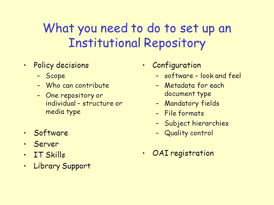 What you need to do to set up an Institutional Repository Policy decisions –Scope –Who can contribute –One repository or individual – structure or media type Software Server IT Skills Library Support Configuration –software – look and feel –Metadata for each document type –Mandatory fields –File formats –Subject hierarchies –Quality control OAI registration