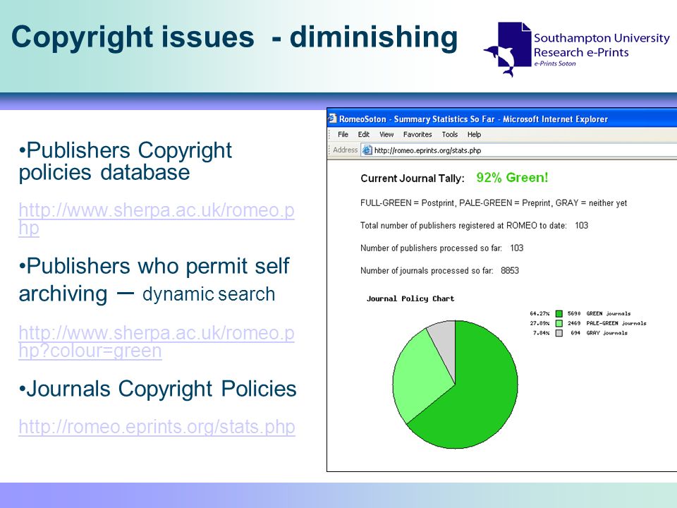 Copyright issues - diminishing Publishers Copyright policies database   hp   hp Publishers who permit self archiving – dynamic search   hp colour=green   hp colour=green Journals Copyright Policies