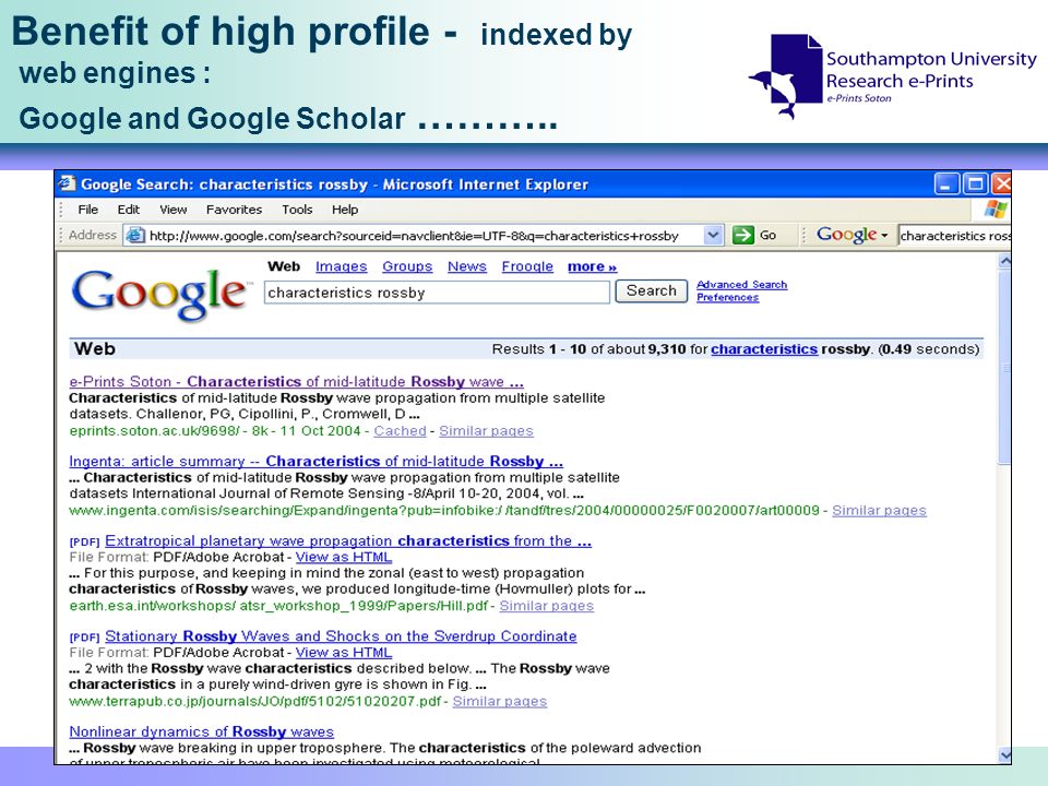 Benefit of high profile - indexed by web engines : Google and Google Scholar ………..
