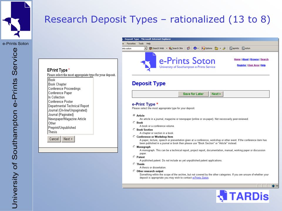 Research Deposit Types – rationalized (13 to 8)