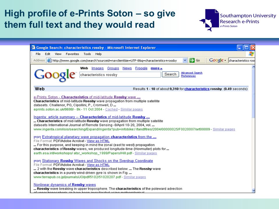 High profile of e-Prints Soton – so give them full text and they would read
