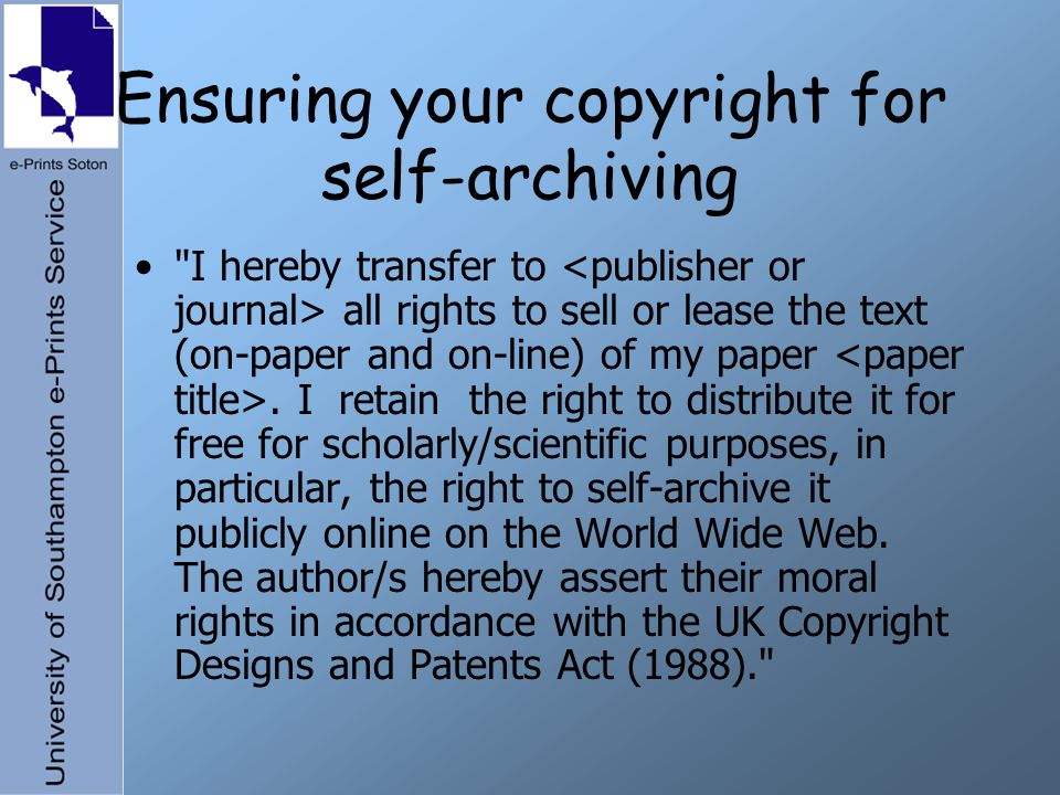 Ensuring your copyright for self-archiving I hereby transfer to all rights to sell or lease the text (on-paper and on-line) of my paper.