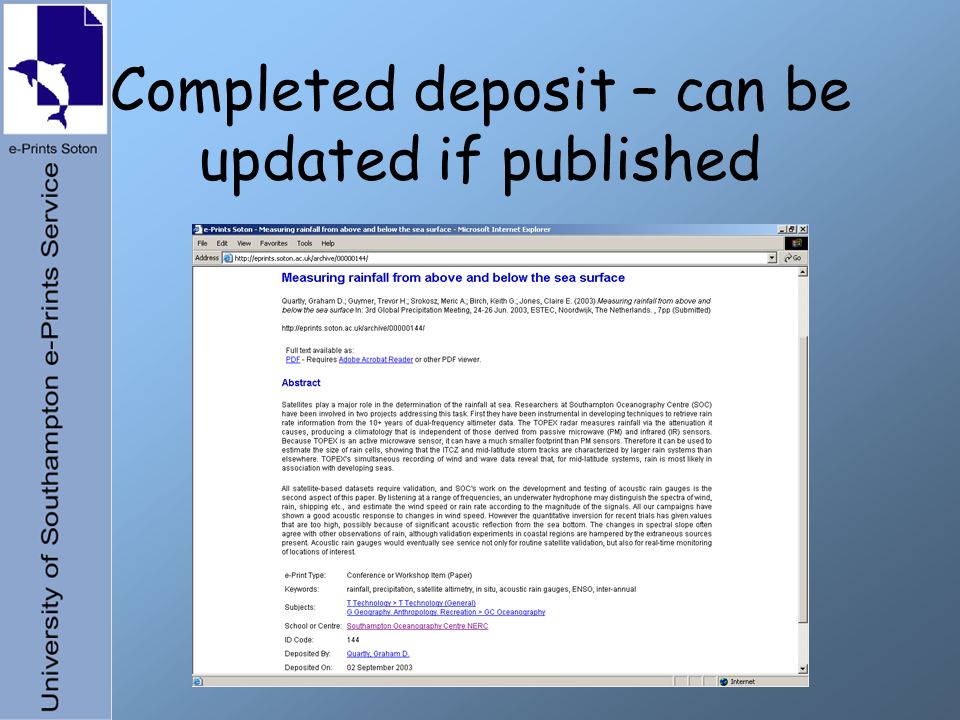 Completed deposit – can be updated if published