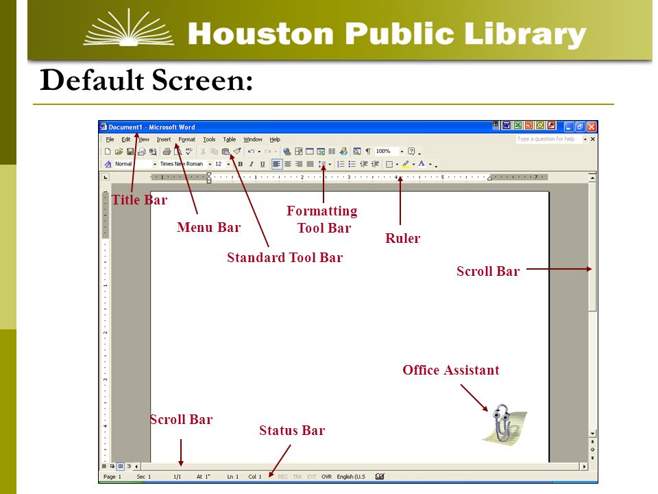 Menu Bar Standard Tool Bar Title Bar Formatting Tool Bar Ruler Scroll Bar Status Bar Office Assistant Scroll Bar Default Screen: