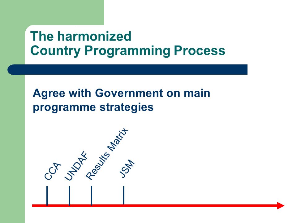 The harmonized Country Programming Process JSM CCA UNDAF Results Matrix Agree with Government on main programme strategies