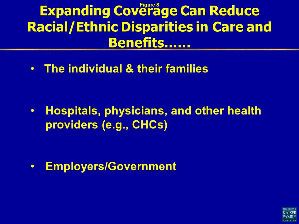 Figure 8 The individual & their families Hospitals, physicians, and other health providers (e.g., CHCs) Employers/Government Expanding Coverage Can Reduce Racial/Ethnic Disparities in Care and Benefits……