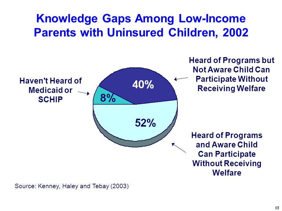 13 Knowledge Gaps Among Low-Income Parents with Uninsured Children, 2002 Heard of Programs and Aware Child Can Participate Without Receiving Welfare Haven t Heard of Medicaid or SCHIP Heard of Programs but Not Aware Child Can Participate Without Receiving Welfare 13 Source: Kenney, Haley and Tebay (2003)