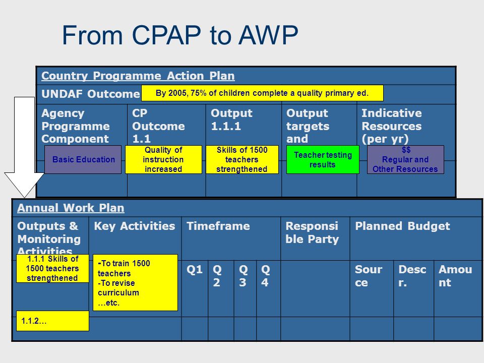 From CPAP to AWP Country Programme Action Plan UNDAF Outcome 1 Agency Programme Component CP Outcome 1.1 Output Output targets and indicators Indicative Resources (per yr) Quality of instruction increased By 2005, 75% of children complete a quality primary ed.