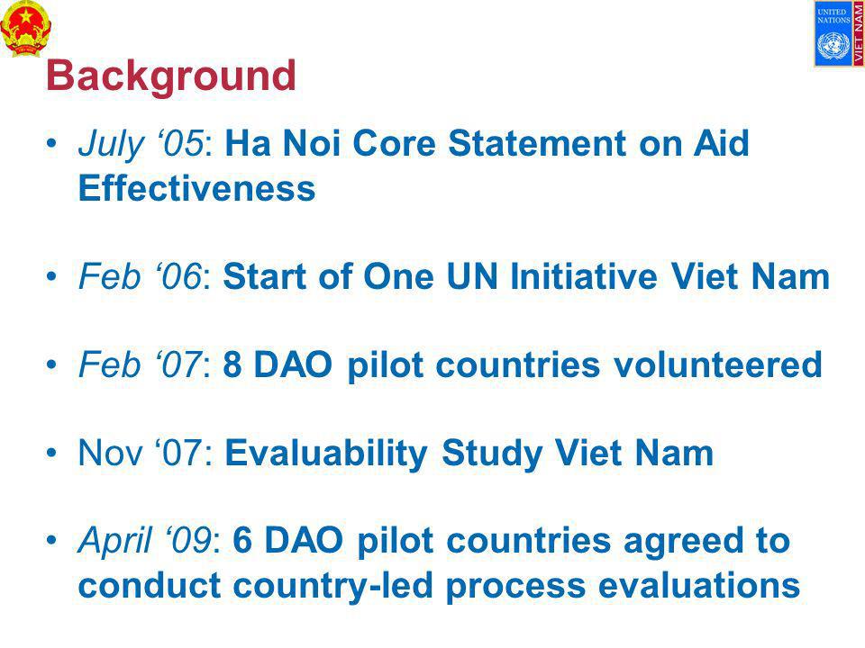 Background July 05: Ha Noi Core Statement on Aid Effectiveness Feb 06: Start of One UN Initiative Viet Nam Feb 07: 8 DAO pilot countries volunteered Nov 07: Evaluability Study Viet Nam April 09: 6 DAO pilot countries agreed to conduct country-led process evaluations