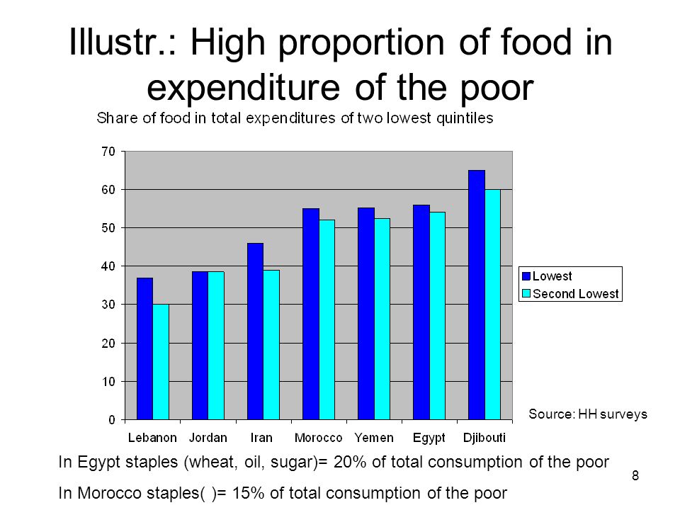 8 Illustr.: High proportion of food in expenditure of the poor In Egypt staples (wheat, oil, sugar)= 20% of total consumption of the poor In Morocco staples( )= 15% of total consumption of the poor Source: HH surveys