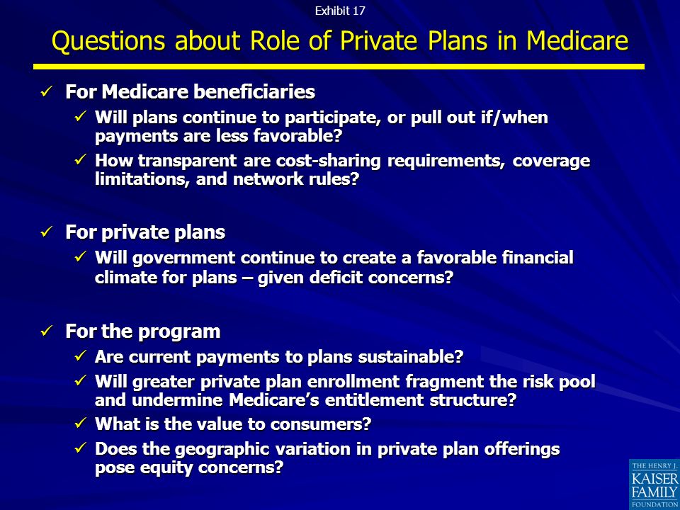 For Medicare beneficiaries For Medicare beneficiaries Will plans continue to participate, or pull out if/when payments are less favorable.