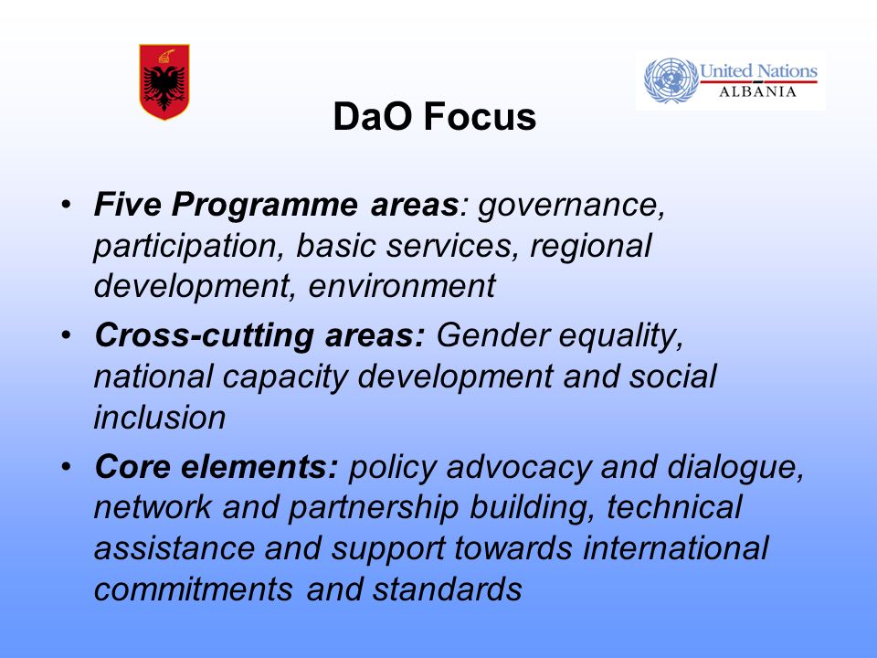 DaO Focus Five Programme areas: governance, participation, basic services, regional development, environment Cross-cutting areas: Gender equality, national capacity development and social inclusion Core elements: policy advocacy and dialogue, network and partnership building, technical assistance and support towards international commitments and standards
