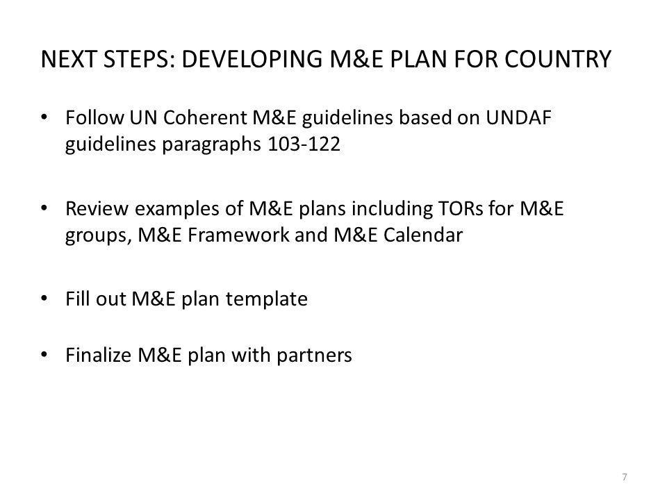 NEXT STEPS: DEVELOPING M&E PLAN FOR COUNTRY Follow UN Coherent M&E guidelines based on UNDAF guidelines paragraphs Review examples of M&E plans including TORs for M&E groups, M&E Framework and M&E Calendar Fill out M&E plan template Finalize M&E plan with partners 7