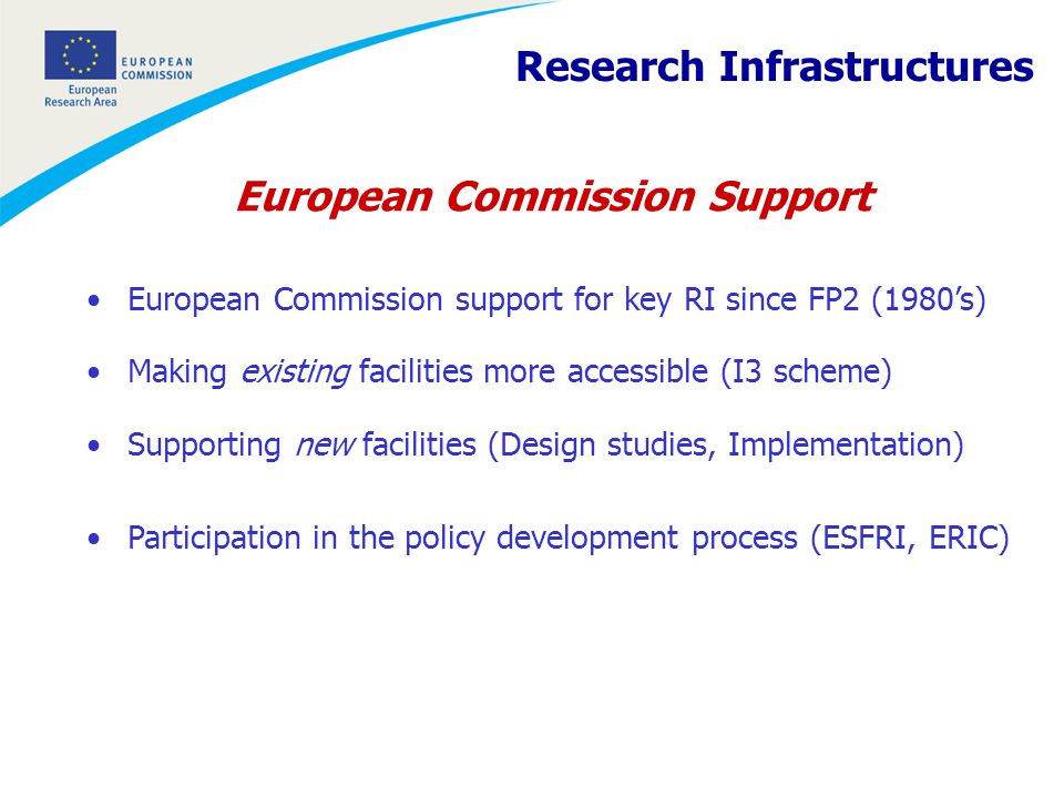 European Commission Support European Commission support for key RI since FP2 (1980s) Making existing facilities more accessible (I3 scheme) Supporting new facilities (Design studies, Implementation) Participation in the policy development process (ESFRI, ERIC) Research Infrastructures