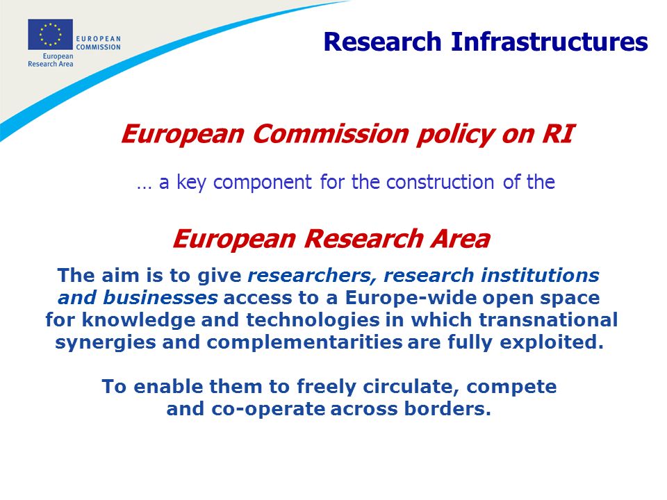 European Commission policy on RI … a key component for the construction of the Research Infrastructures European Research Area The aim is to give researchers, research institutions and businesses access to a Europe-wide open space for knowledge and technologies in which transnational synergies and complementarities are fully exploited.