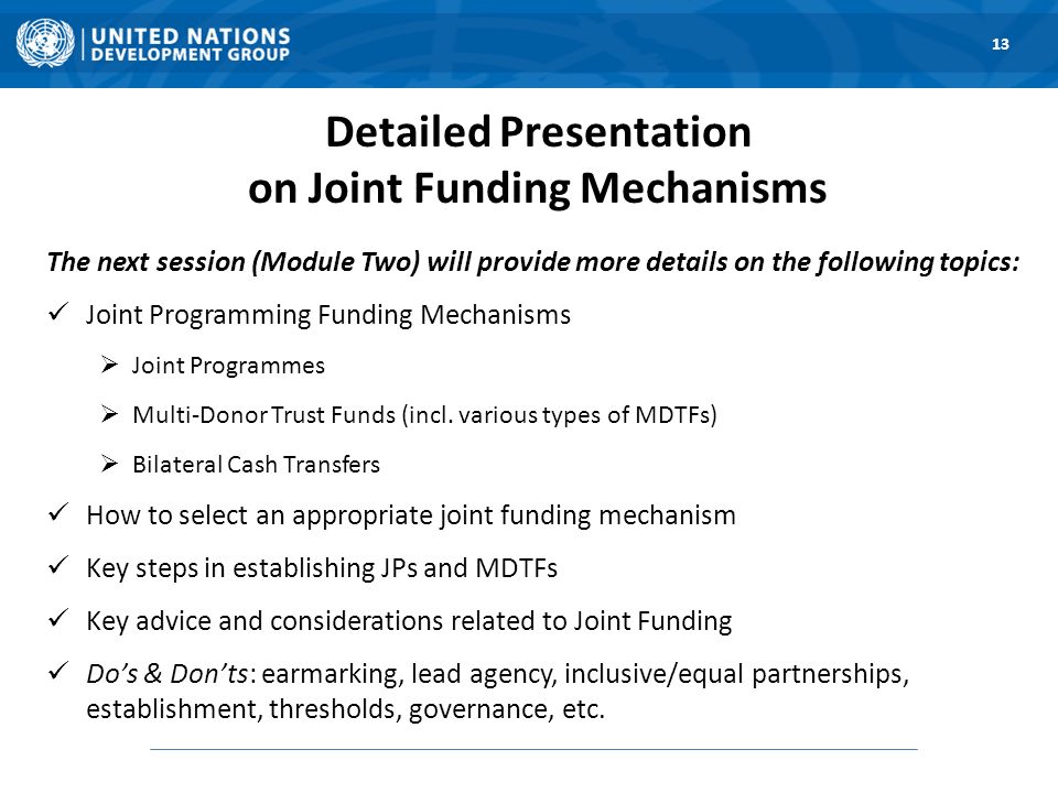 Detailed Presentation on Joint Funding Mechanisms The next session (Module Two) will provide more details on the following topics: Joint Programming Funding Mechanisms Joint Programmes Multi-Donor Trust Funds (incl.